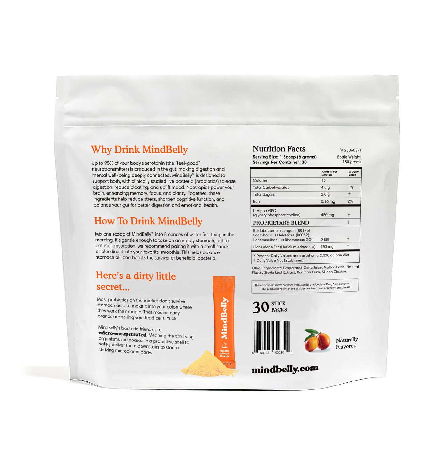 Gut-Brain Health Drink | Psychobiotics + Nootropics for Mood Boost & Cognitive Performance| Mindful Mango Orange | MindBelly