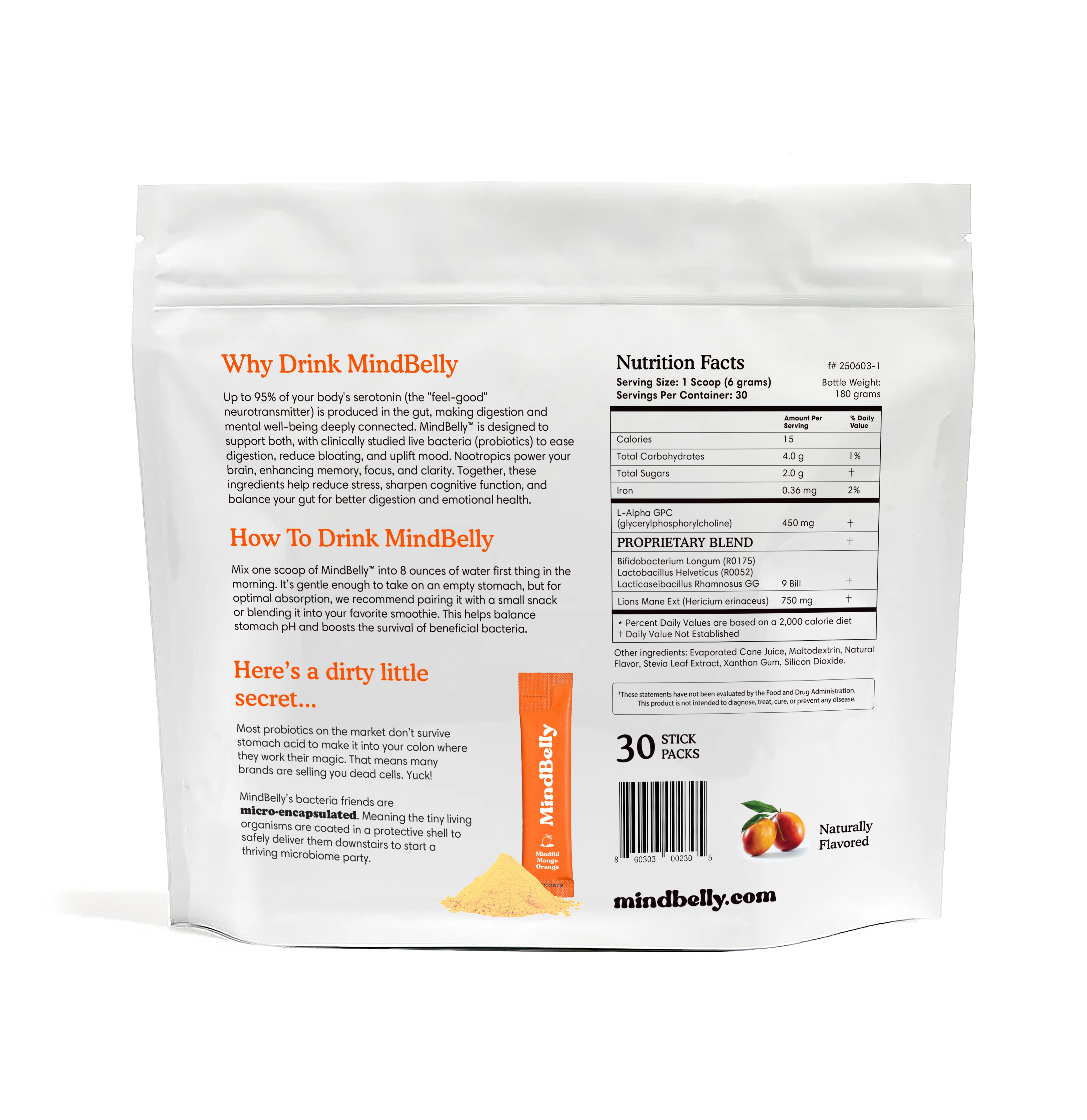 Gut-Brain Health Drink | Psychobiotics + Nootropics for Mood Boost &amp; Cognitive Performance| Mindful Mango Orange | MindBelly