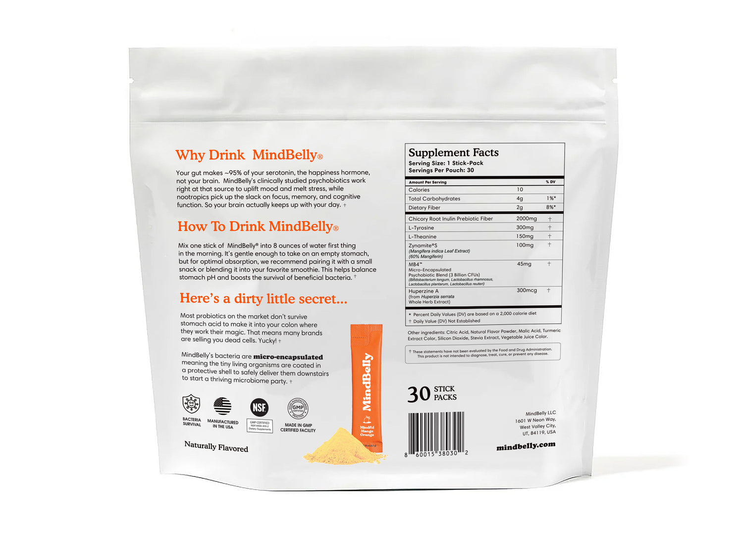 Gut-Brain Health Drink | Psychobiotics + Nootropics for Mood Boost &amp; Cognitive Performance| Mindful Mango Orange | MindBelly