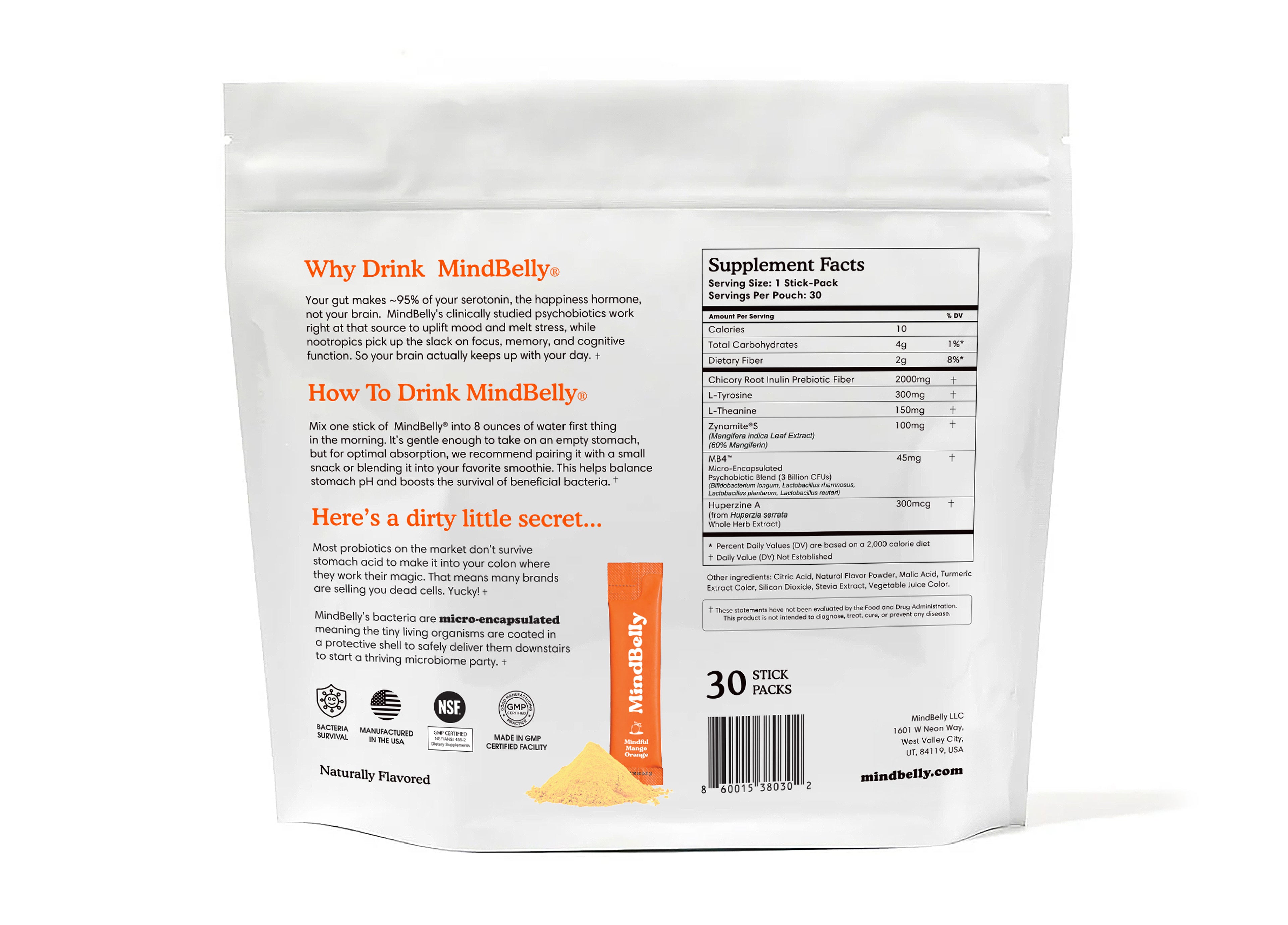 Gut-Brain Health Drink | Psychobiotics + Nootropics for Mood Boost &amp; Cognitive Performance| Mindful Mango Orange | MindBelly