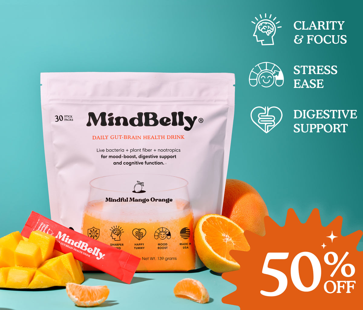 Gut-Brain Health Drink | Psychobiotics + Nootropics for Mood &amp; Cognitive Support